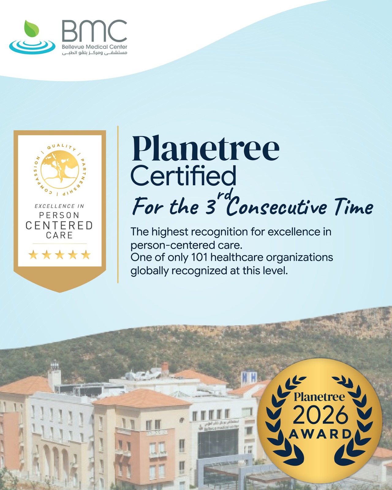 للمرة الثالثة على التوالي… مستشفى بلفو يحصد الشهادة الذهبية من Planetree