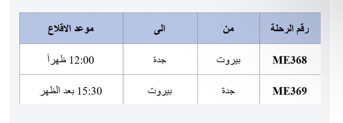 طيران الشرق الأوسط: تعديل موعد رحلة جدة المسائية ليوم الخميس