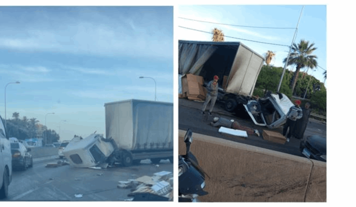حادث سير على طريق الناعمة وتسرب مازوت