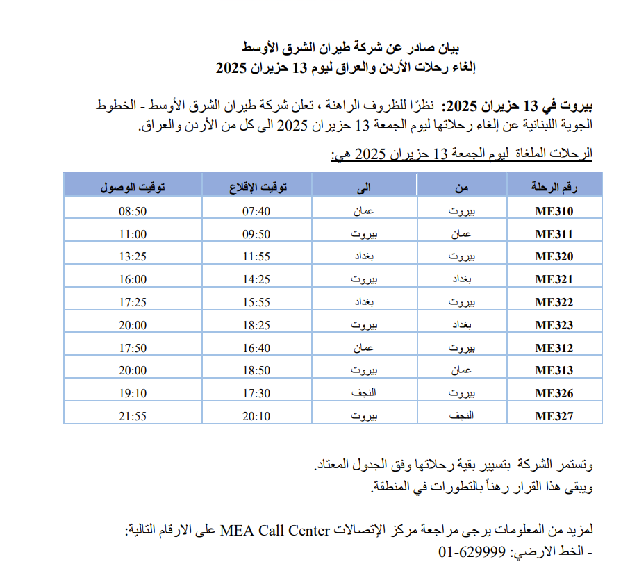 طيران الشرق الأوسط: إلغاء رحلات الأردن والعراق لليوم