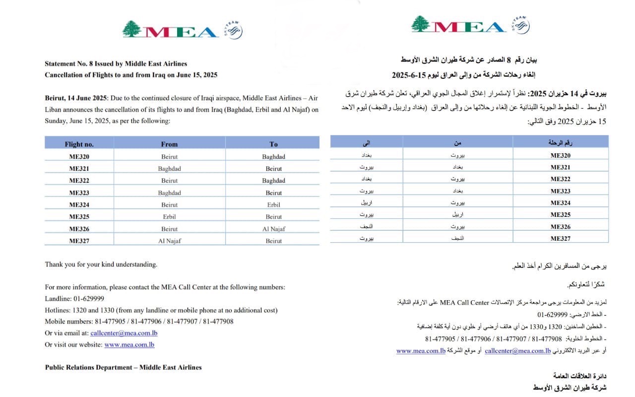 إلغاء رحلات لطيران الشرق الأوسط