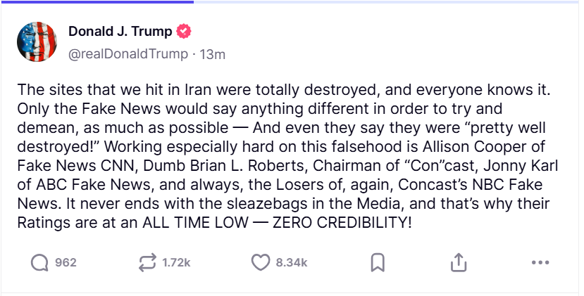 بعد الهجوم الإيراني على قاعدة العديد في قطر... هذا ما نشره ترامب