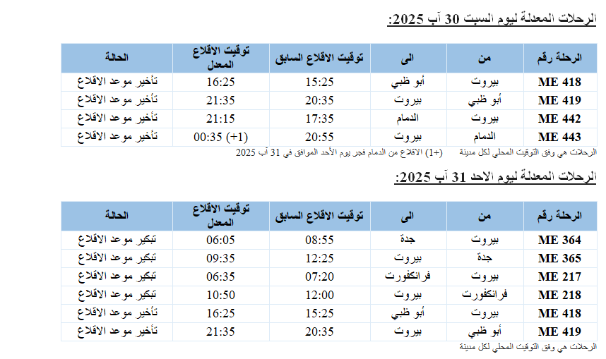 تعديل جدول مواعيد بعض رحلات الـ”MEA”