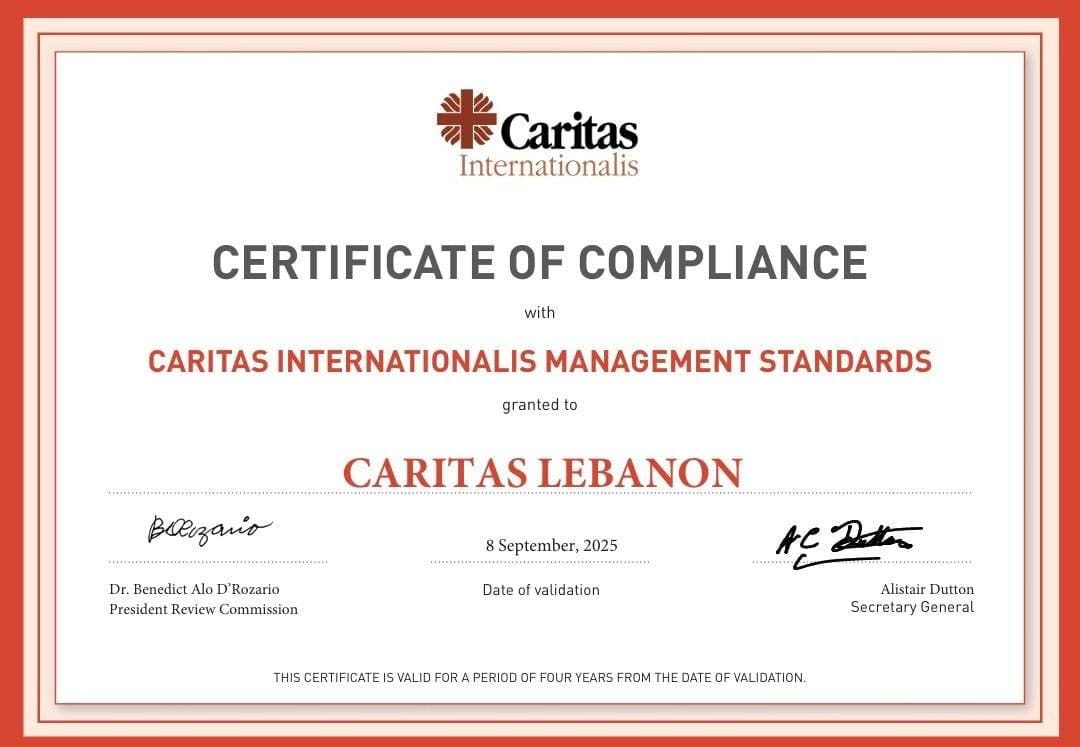 كاريتاس لبنان تنال شهادة الامتثال من كاريتاس الدولية في الفاتيكان