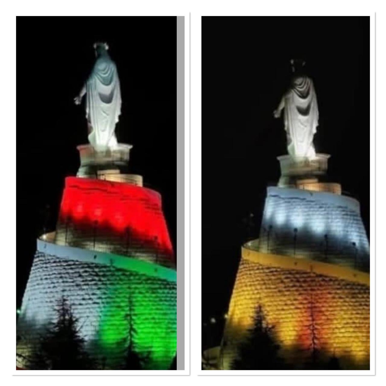 إضاءة قاعدة تمثال حريصا بألوان العلم اللبناني وعلم الفاتيكان