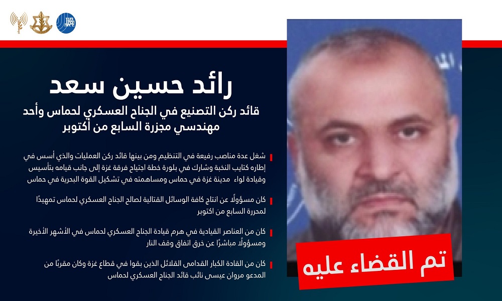 إسرائيل تؤكد مقتل القيادي بالقسام رائد سعد
