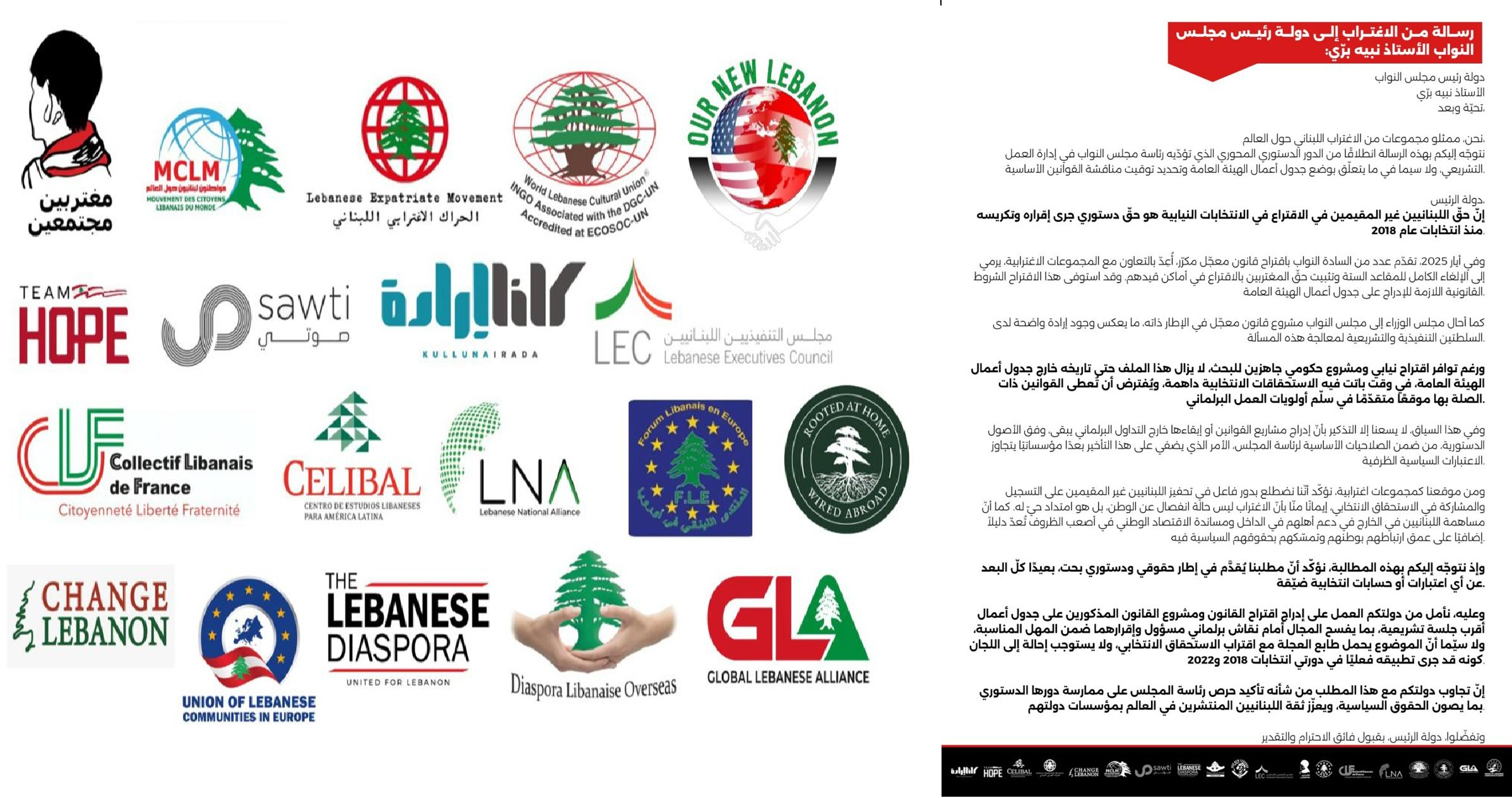 مغتربون يطالبون  برّي بإدراج اقتراح قانون يكرّس حق اقتراع اللبنانيين غير المقيمين وفق مكان قيدهم