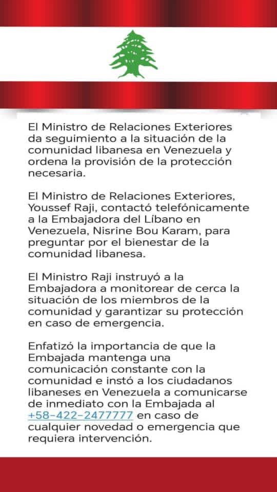 سفارة لبنان في فنزويلا تطمئن الجالية وتدعو إلى توخي الحذر