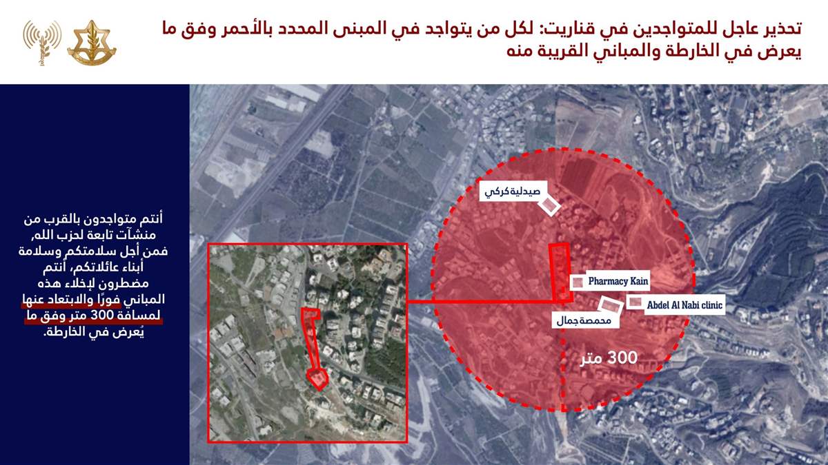 إنذار عاجل إلى سكان جنوب لبنان وتحديدًا قناريت والكفور في النبطية وجرجوع
