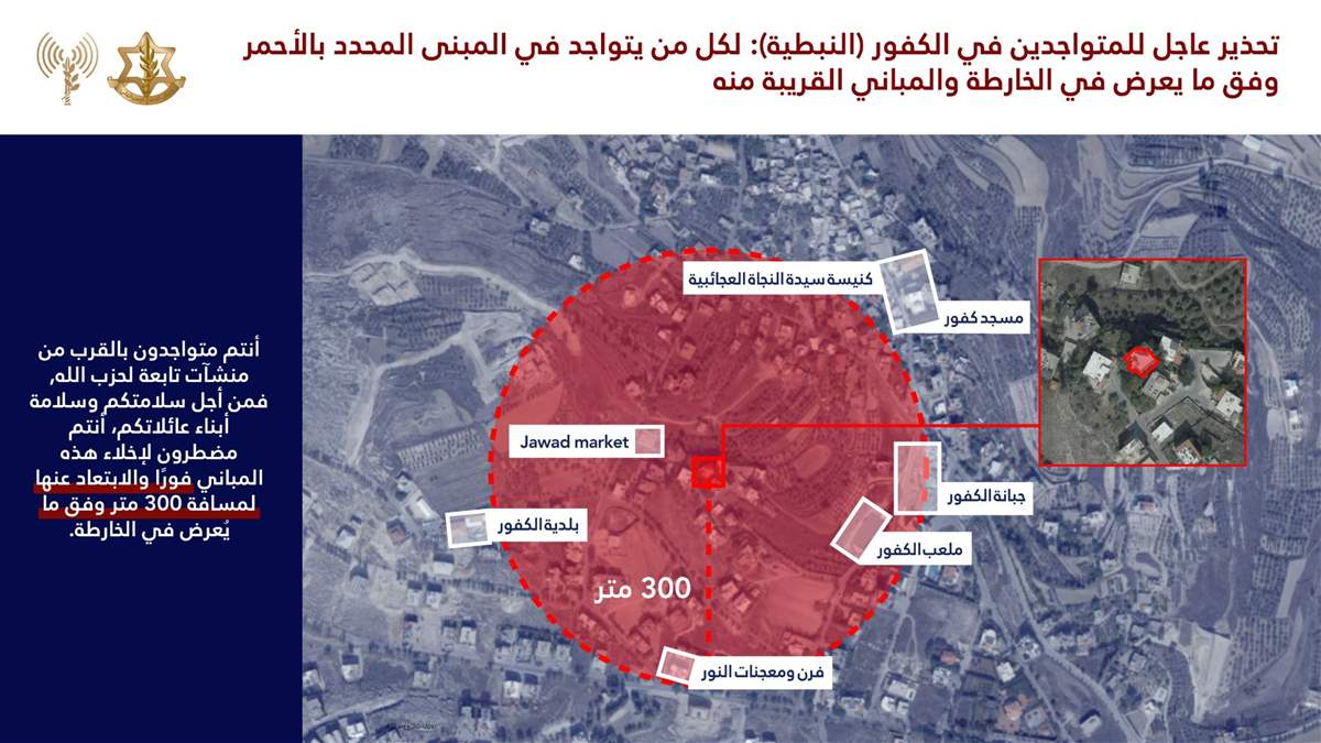 إنذار عاجل إلى سكان جنوب لبنان وتحديدًا قناريت والكفور في النبطية وجرجوع