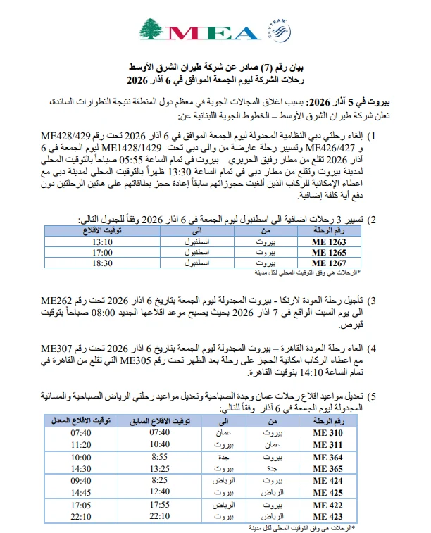 طيران الشرق الأوسط: هذه رحلات الشركة ليوم الجمعة 6 آذار