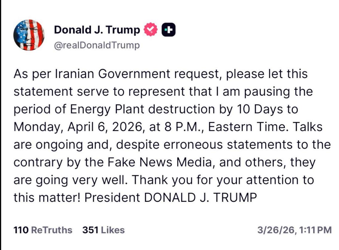 ترامب يعلّق تدمير محطات الطاقة الإيرانية لمدة 10 أيام!