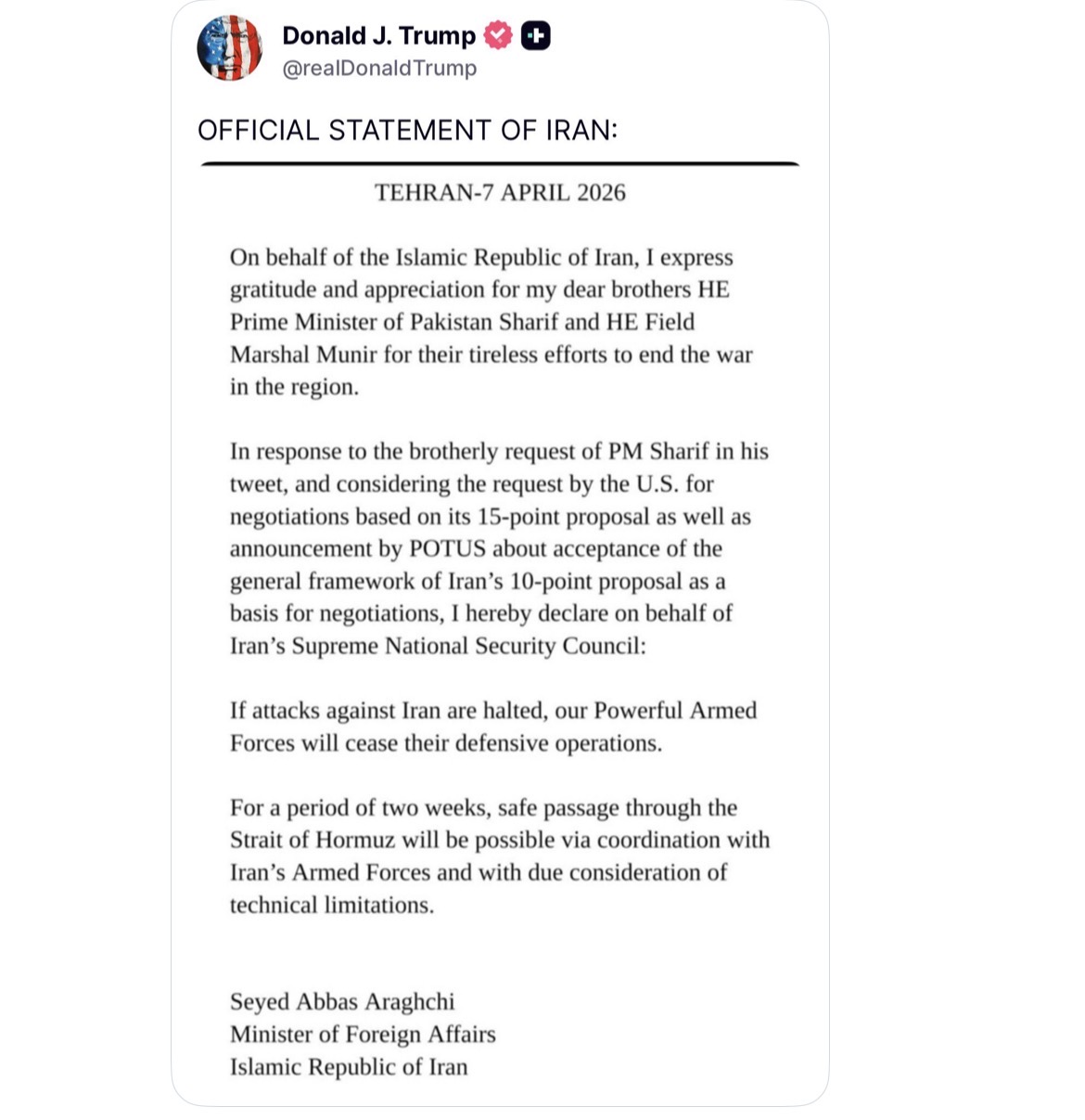 ترامب ينشر  بيان وزير الخارجية الإيراني …ماذا جاء فيه؟