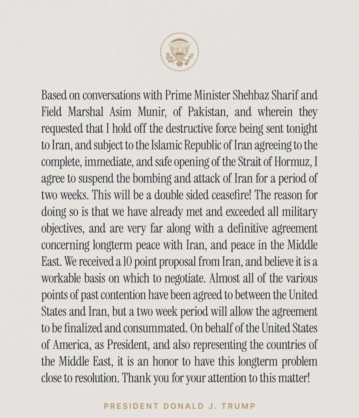 بالوثيقة- ترامب يعلن تعليق الهجوم على إيران لمدة أسبوعين تمهيدًا لاتفاق سلام